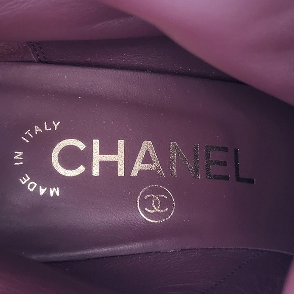CHANEL CC Logo Cap Toe Suede Boots Double Stack Chain Burgundy 36.5 G36655 - Picture 10 of 16